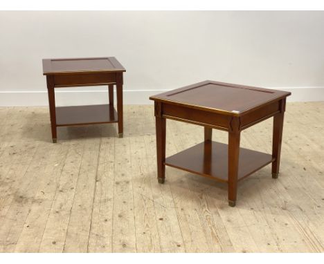 A pair of cherry wood lamp table by grange, the square panelled top over square tapered supports with brass sabots, H55cm, 60