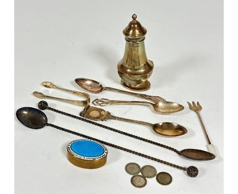 A Birmingham silver pepperette a/f, two Birmingham silver teaspoons, Epns tongs, a silver mounted and shield handled teaspoon