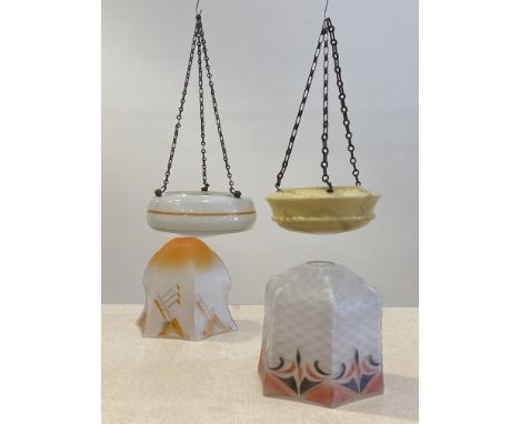 An Art Deco opalescent glass plafonnier, complete with original chains and rose (D35cm) together with another similar plafoni