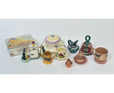 A mixed group comprising a novelty condiment set of two penguins shakers and a fridge as a sugar jar, a Crown Devon  "I love 