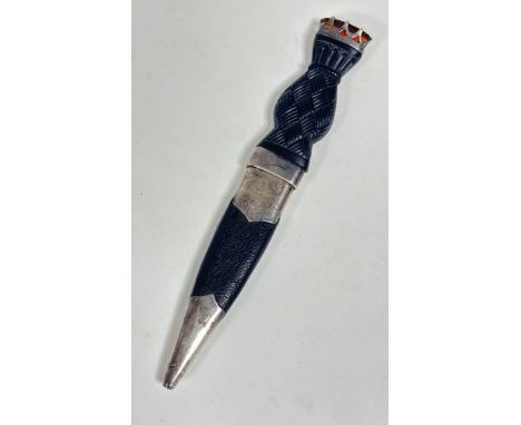 A white metal gentleman's sgian-dubh with ebony carved platted handle with white metal mounted coloured stone and leather sca