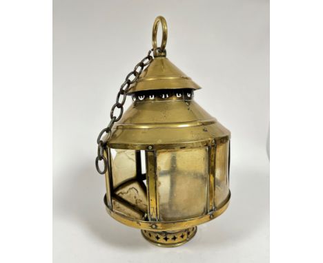 A 19thc ship's storm lantern style light with conical pierced brass top with loop handle and panelled cellulose sides and bas
