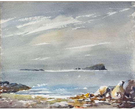 H B, Light on the Shore after Shower Isle of Seil Scotland, watercolour, signed with initials, paper label verso, glazed pain