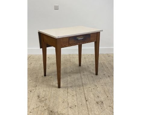 A vintage pine and formica kitchen table, fitted with a drawer and a drop leaf H77cm, W82cm, D58cm