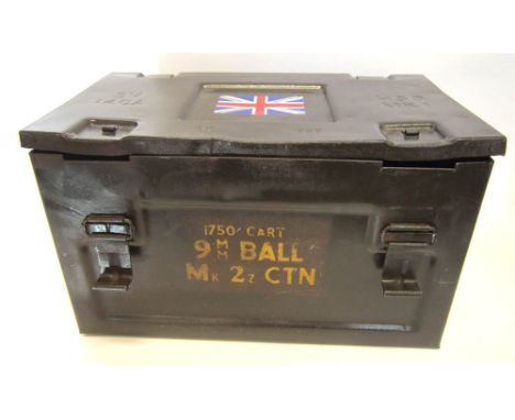 A STEEL AMMUNITION CASE dated 1956; containing a quantity of webbing, including a 1944 dated map case, and other items.