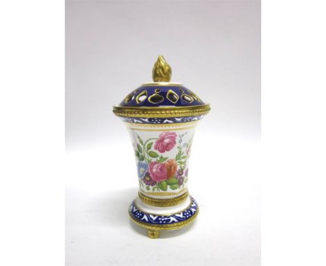 A SPODE 'TREASURES' POT POURRI TALL limited edition 20/250, with floral spray, navy blue and gilded decoration, 19cm high, co