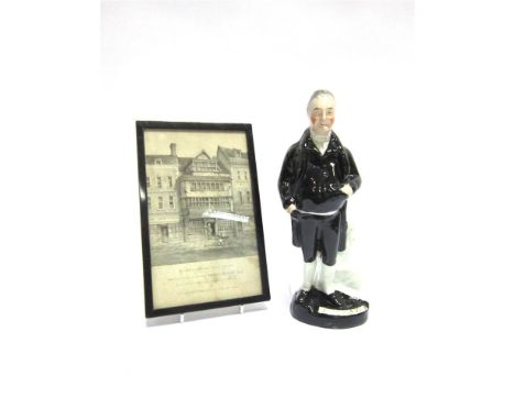 A STAFFORDSHIRE POTTERY PORTRAIT FIGURE OF JAMES 'JEMMY' WOOD (1756-1836) also known as the Miser of Gloucester, 29cm high; t