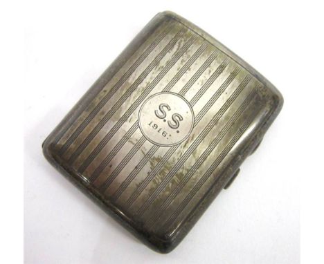 A SILVER CIGARETTE CASE by Walker & Hall, Sheffield 1915, with linear engine turned decoration, monogrammed and dated circula