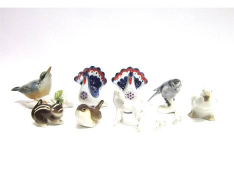 A GROUP OF ASSORTED PORCELAIN FIGURES in the form of a wren, kingfisher, duck, horses etc., various manufacturers to include 