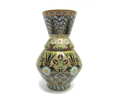 A SARREGUEMINES POTTERY VASE with incised pattern detail, enamel glaze and gilt decoration, 29cm high