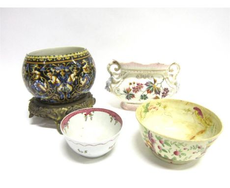 A VICTORIAN CERAMIC JARDINIERE PLANTER mounted on a brass base with pierced detail on scrolled supporting feet and gilt overl