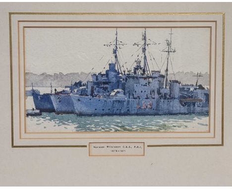 Norman Wilkinson (1878-1971), battleships at anchor, 10 x 18cm; 26.5 x 33cm framed