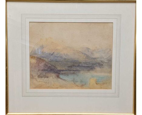 Follower of J M W Turner, Mountainous landscape with a lake, watercolour, 22 x 27cm