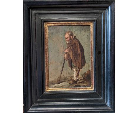 Continental School 18th Century, portrait of a pilgrim, oil on panel, 15 x 10cm (26.5 x 21.5cm framed)Large crack in the pane
