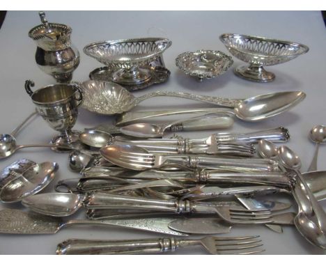 A quantity of assorted silverware including flatware, bon bon dishes, cream jug, pin tray, trophy etc. 23.9ozt weighable silv