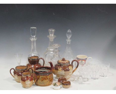 A collection of items to include petwer, various glasses and decanters, a 19th century Spode blue and white tea set, Doulton 