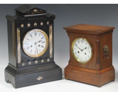 An early 20th oak cased mantle clock retailed by Maple &amp; Co., 27 x 22 x 13.5cm, together with a Victorian slate mantle cl