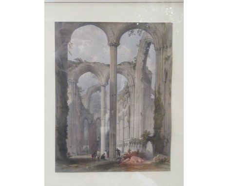 A watercolour architectural drawing c.1800, of a large stone and brick building of three stories with lawns and railings in f