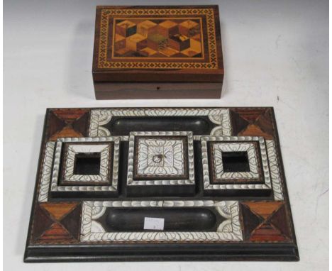 An Anglo-Indian bone and specimen wood inlaid desk stand, together with a Tunbridge Ware box with original T. Barton paper la