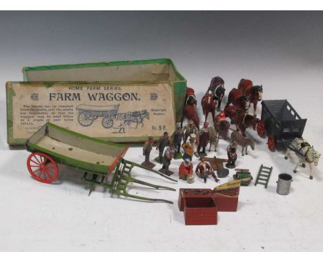 A W. Britain’s farm wagon, No 5F, in the original box and other lead farm figures, and various ceramic animals