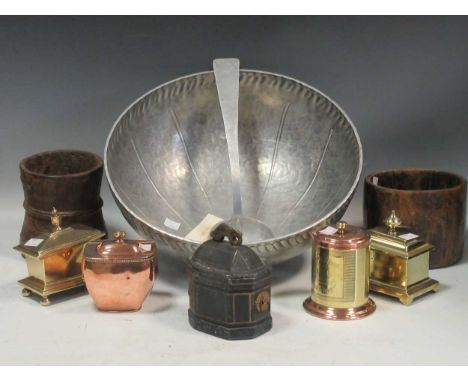 A Georgian lead tobacco box, cover and inner plug - Two brass tobacco boxes. A brass tripod large bowl, early 19th century. A