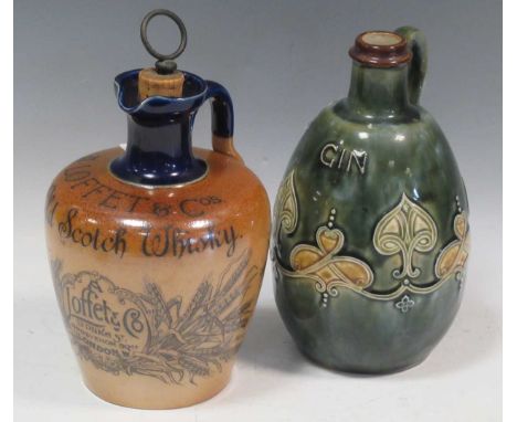 An unusual Doulton stoneware A. Loffet &amp; Co. Scotch whisky flagon and a Doulton stoneware gin flagonThe gin flagon has a 