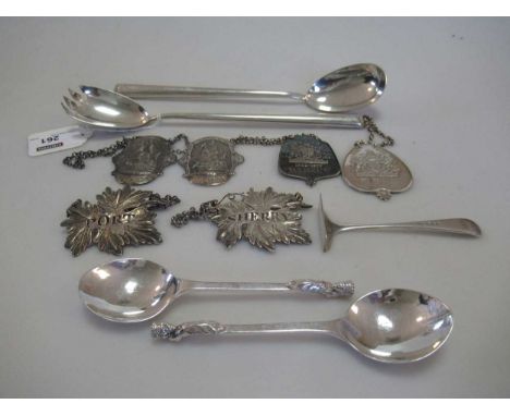 Six silver decanter labels, together with some assorted silver flatware, 11.2ozt gross