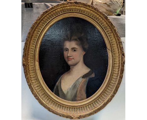 British School, Portrait of a lady, half-length, oil on canvas laid to board, 53 x 44cm, oval72 x 61cm framed