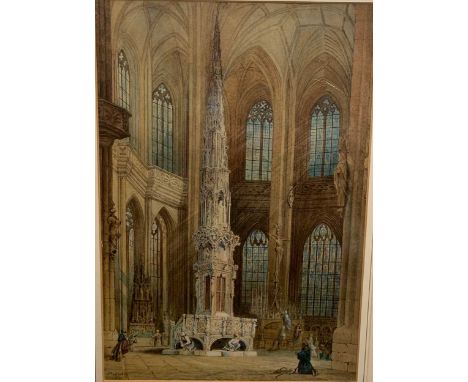 Two architectural watercolour studies of church interiors and one print of the same; to include, P Sykes, signed watercolour;