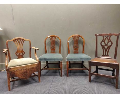 A 19th century country made commode elbow chair together with Georgian elm seated silngle chair and two other dining chairs (