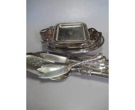A quantity of silver plated wares including a pair of three light candelabras, flatware, entrée dish etc