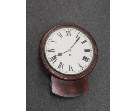 A 19th century mahogany wall clock, with white enamelled dial and Roman chapter ring, 30 hour movement, 45cm high