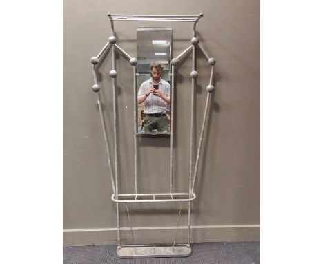 A mid-20th century alimunium tubular hall stand with central mirror plate, comprising of luggage rack, and four partition sti