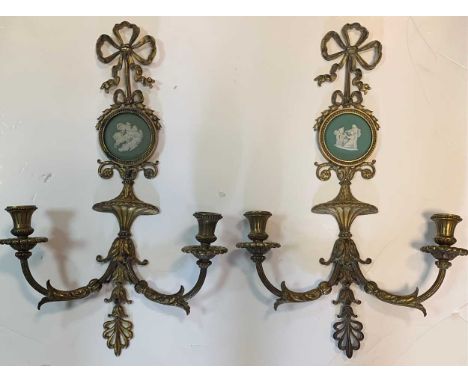 A pair of early 20th century neo-classical wall sconces with Wedgewood plaques, 51cm high x 36cm wideSconce with the chariot: