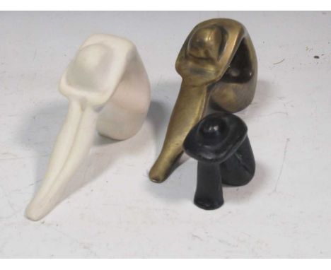 A Modernist small bronze of a stylised figure in seated attitude, head bowed; another, similar, larger together with an assoc