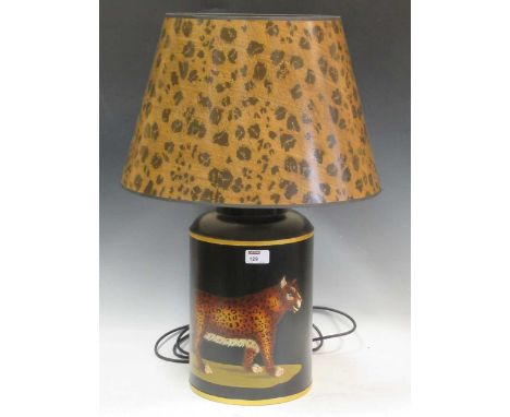A Woolpit Interiors toleware lamp decorated with a leopard, total height including shade - 62cm