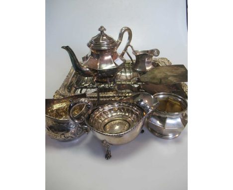 A German metalwares silver three piece tea set marked '800', 14.6ozt, and Georgian silver cream jug 3.2ozt, together with a s