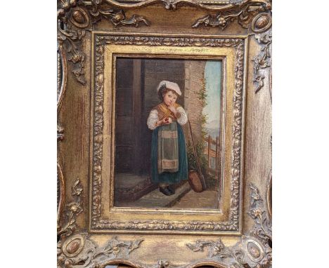 Portrait of a young girl holding an apple, indistinctly signed (lower right), oil on panel, 17 x 12cm30 x 25cm framed