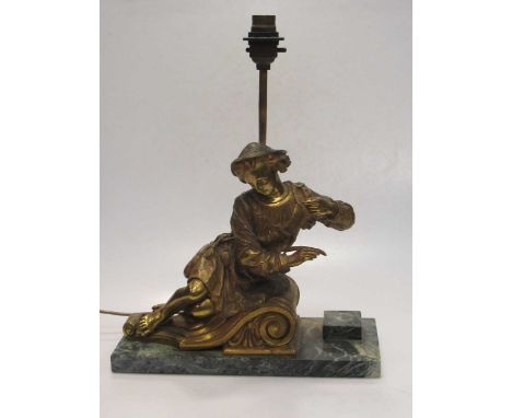 A gilt metal figural lamp, on a marble base, 39cm high including fitting
