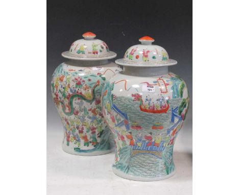 A pair of Chinese modern famille verte vases and covers, decorated with figures in a boat and figures on a terrace, 45cm high