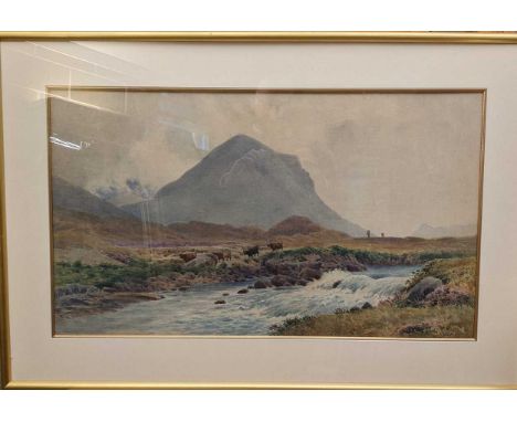 C Rousse, Boats at quay, signed watercolour, 66 x 50cm; AB Wynne, Highland landscape with cattle, signed watercolour, 40 x 69
