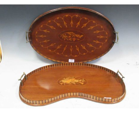 An Edwardian two-handled inlaid tray, 60cm wide; another kidney shaped tray inlaid with musical trophies, 61cm wideOval tray: