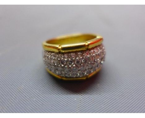 An Asprey 18ct yellow gold and diamond inset ring, the centre encrusted with diamonds within a gold band with bamboo design, 