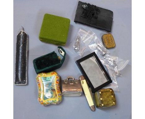 A miscellaneous collection of items to include lead soldiers, Van Cleef & Arpels mirror, dice box, etc 