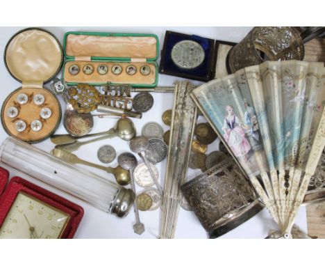 A mixed lot to include various coins, silver plated cup holders, two bone fans, two button sets etc. 