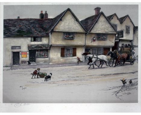 After Cecil Aldin, coach and inn scene, tinted lithograph,  39.5cm x 34.5cm, blindstamp and signed in pencil lower left, glaz
