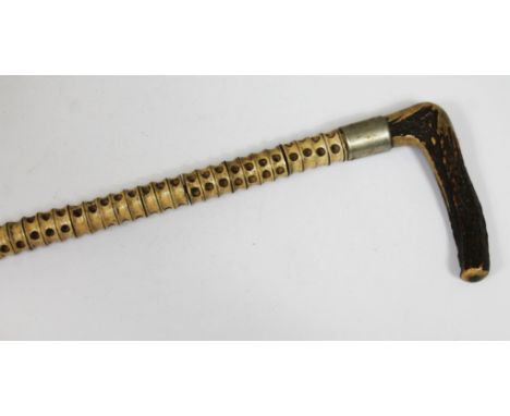 A shark vertebrae walking stick with antler handle, length 87cm. 