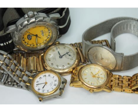 A group of five wrist watches comprising a vintage gold plated Omega, a Skagen, an Animal and two Rotary.  