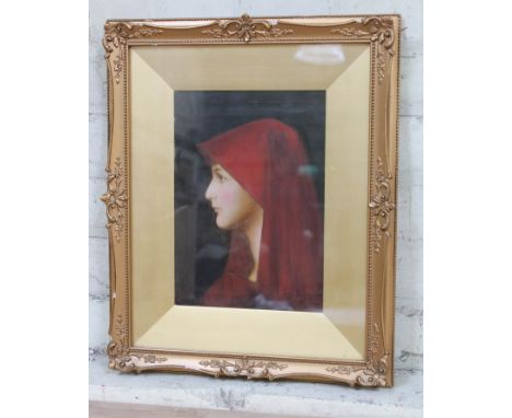 After Jean Jacques HENNER (1829-1905), side profile portrait of lady in red, oil on canvas, 20cm x 28cm, bearing signature, g