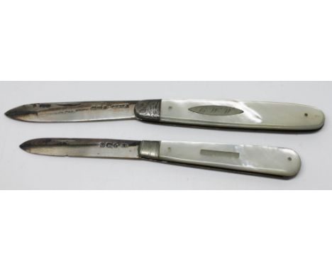 Two hallmarked silver and mother of pearl handled pen knives. 